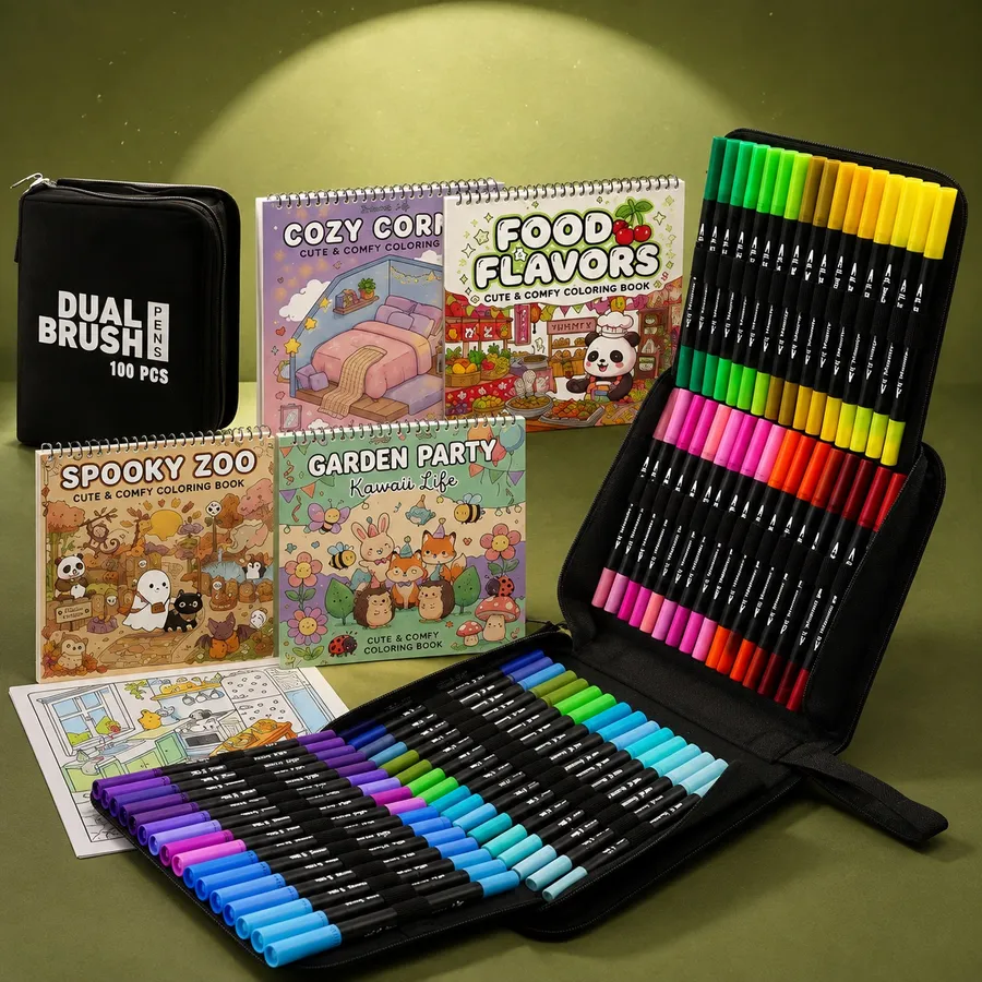 100-Color Dual Tip Markers with Adult Coloring Books