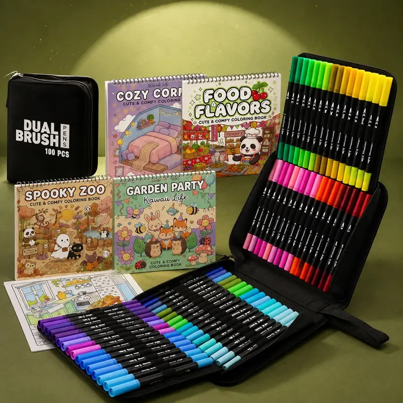 100-Color Dual Tip Markers with Adult Coloring Books