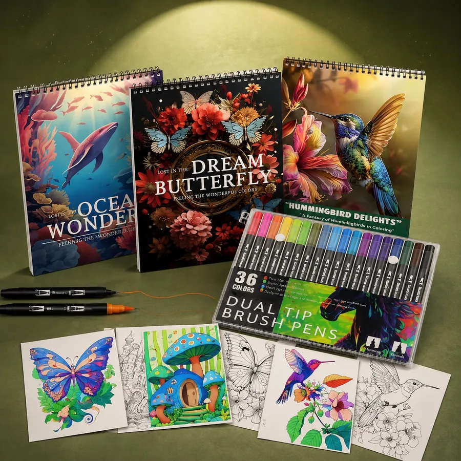 Adult Coloring Books with Dual Tip Markers (3-Pack)