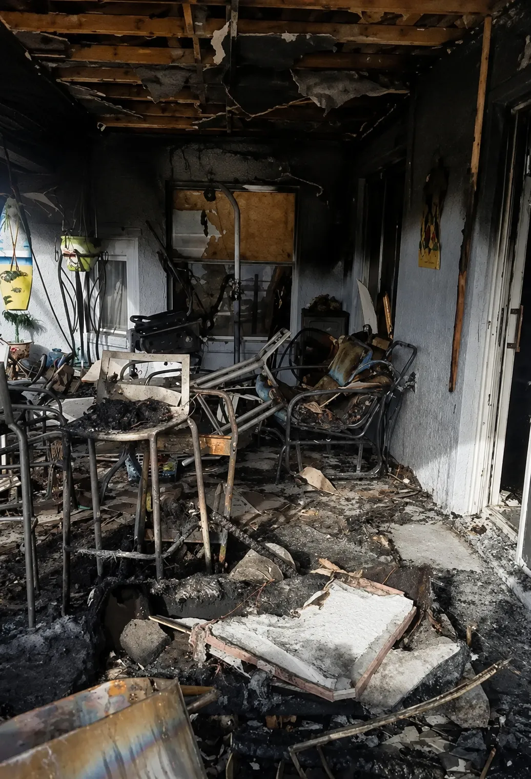 The burned-out interior of Yasmin's house after the fire