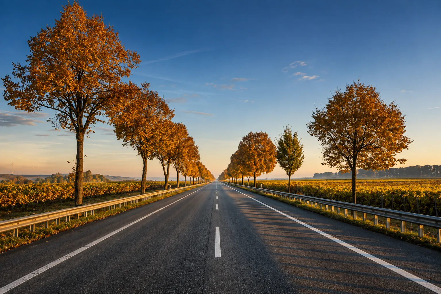 An empty road running straight ahead between autumn trees at sunrise