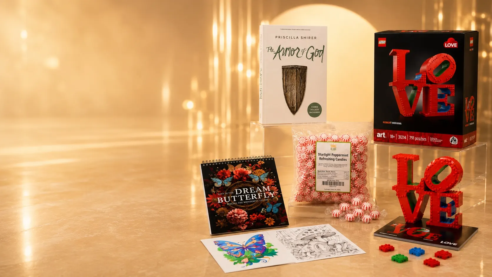 A collection from the shop: The Armor of God Bible study, starlight mints, a coloring book set, and a LEGO LOVE building set