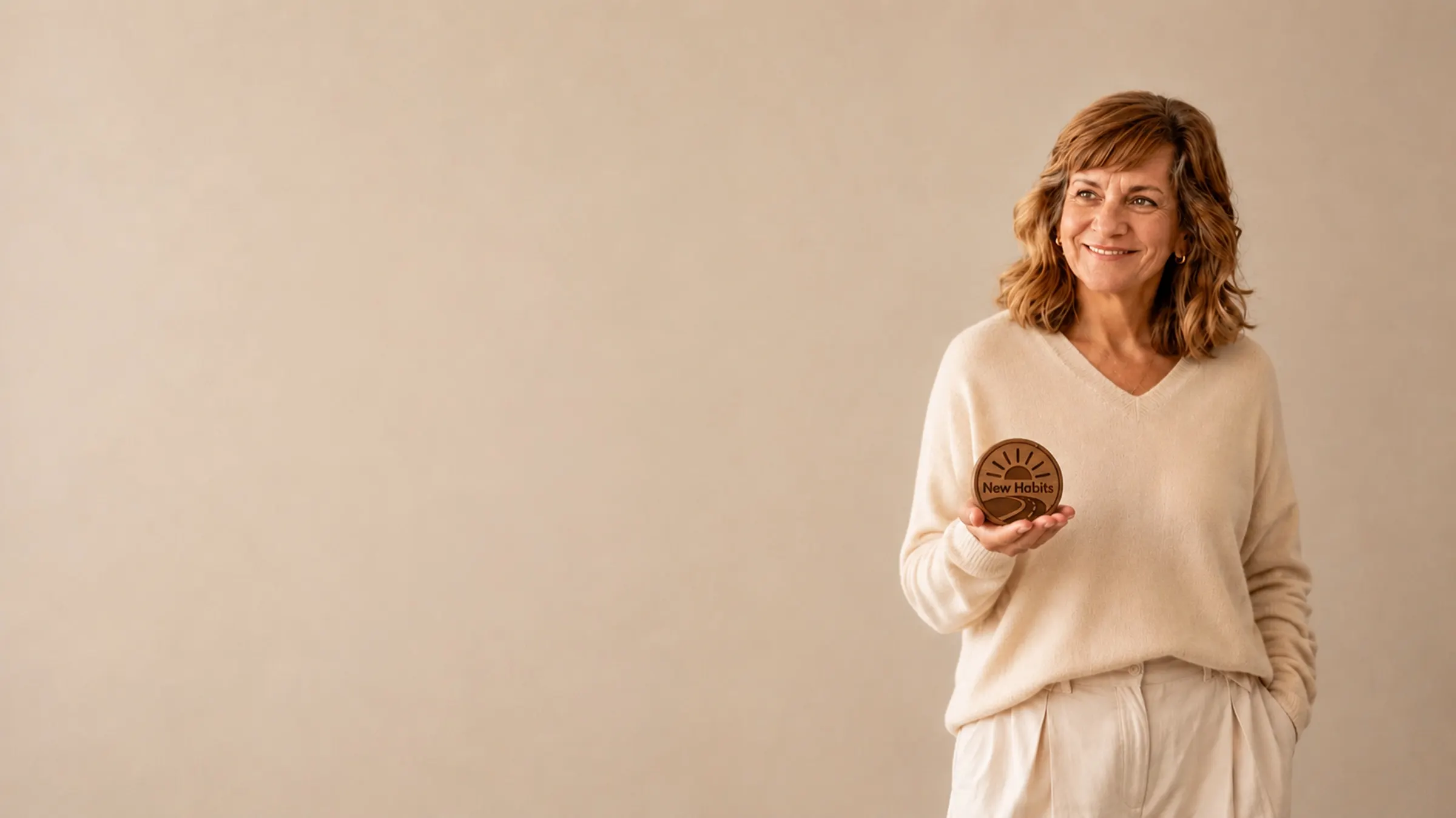 Yasmín Goetz holding a wooden New Habits, New Hope badge